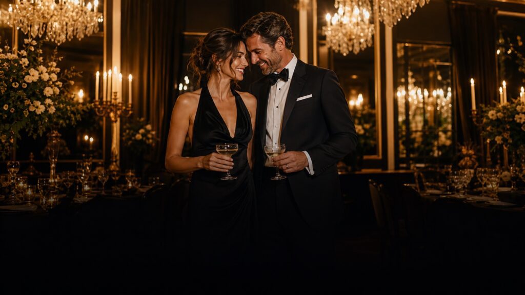 Couple dans une réception élégante aux chandeliers et lumières dorées