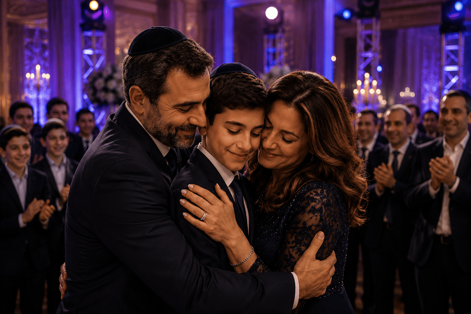 Jeune garçon entouré de ses parents lors d'un moment d'émotion pendant sa Bar Mitzvah à Paris