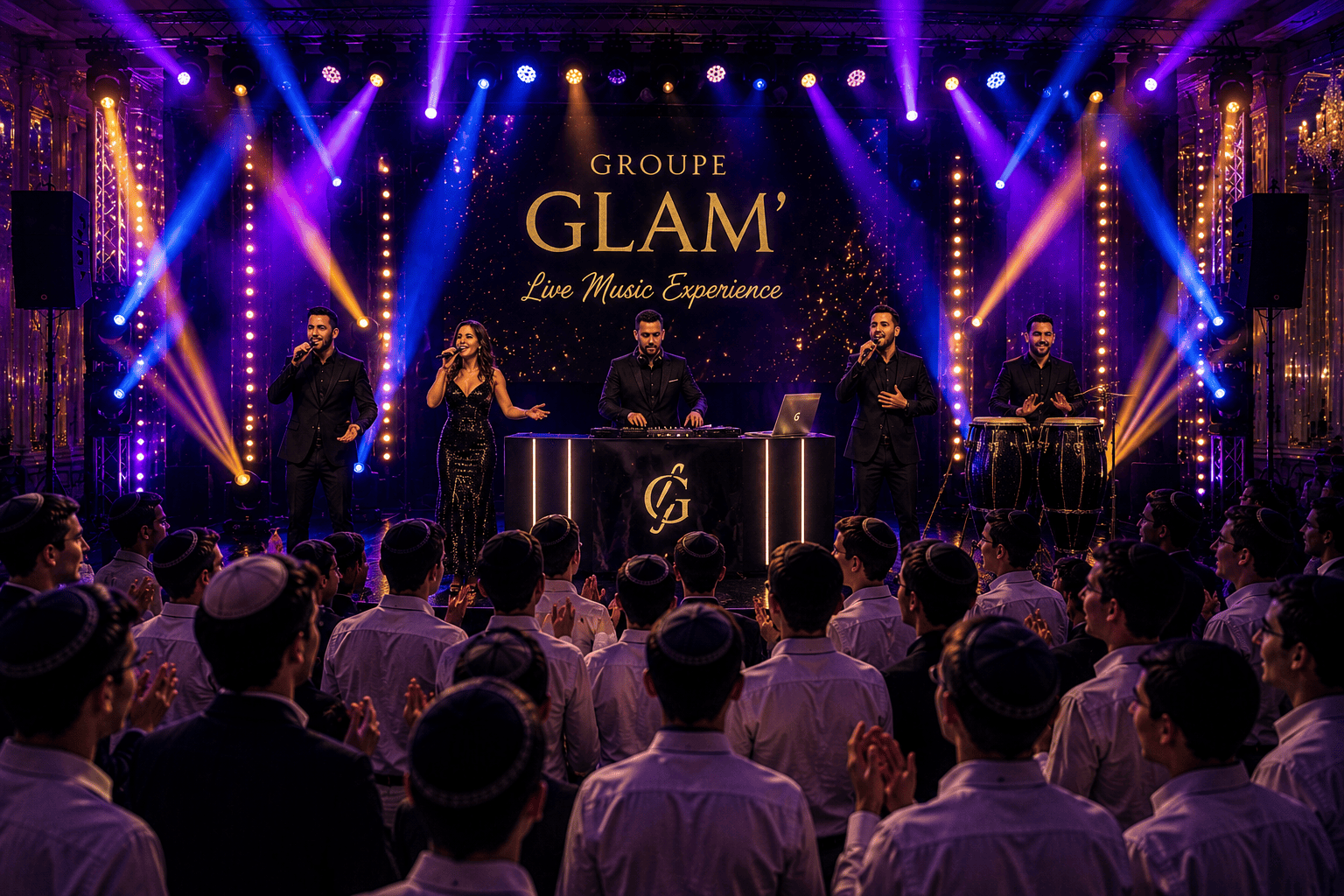 Groupe Glam avec DJ, chanteurs et percussionniste sur scène pendant une Bar Mitzvah à Paris
