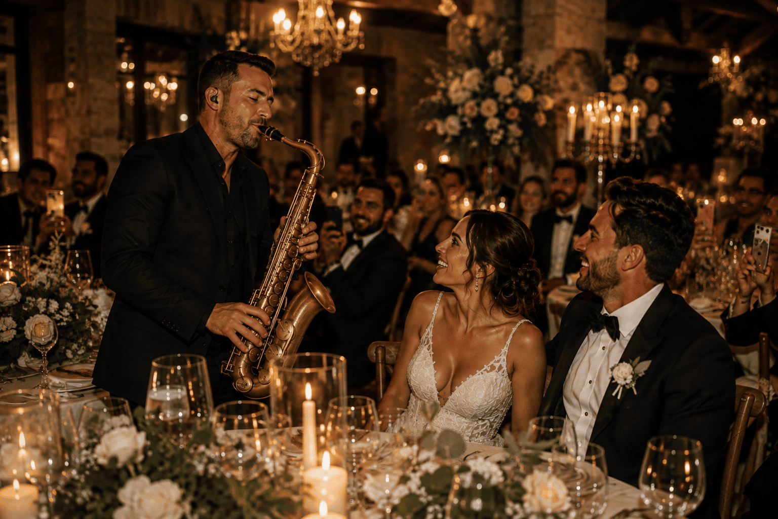 Saxophoniste jouant près des mariés pendant le dîner de mariage à Paris et en Île-de-France