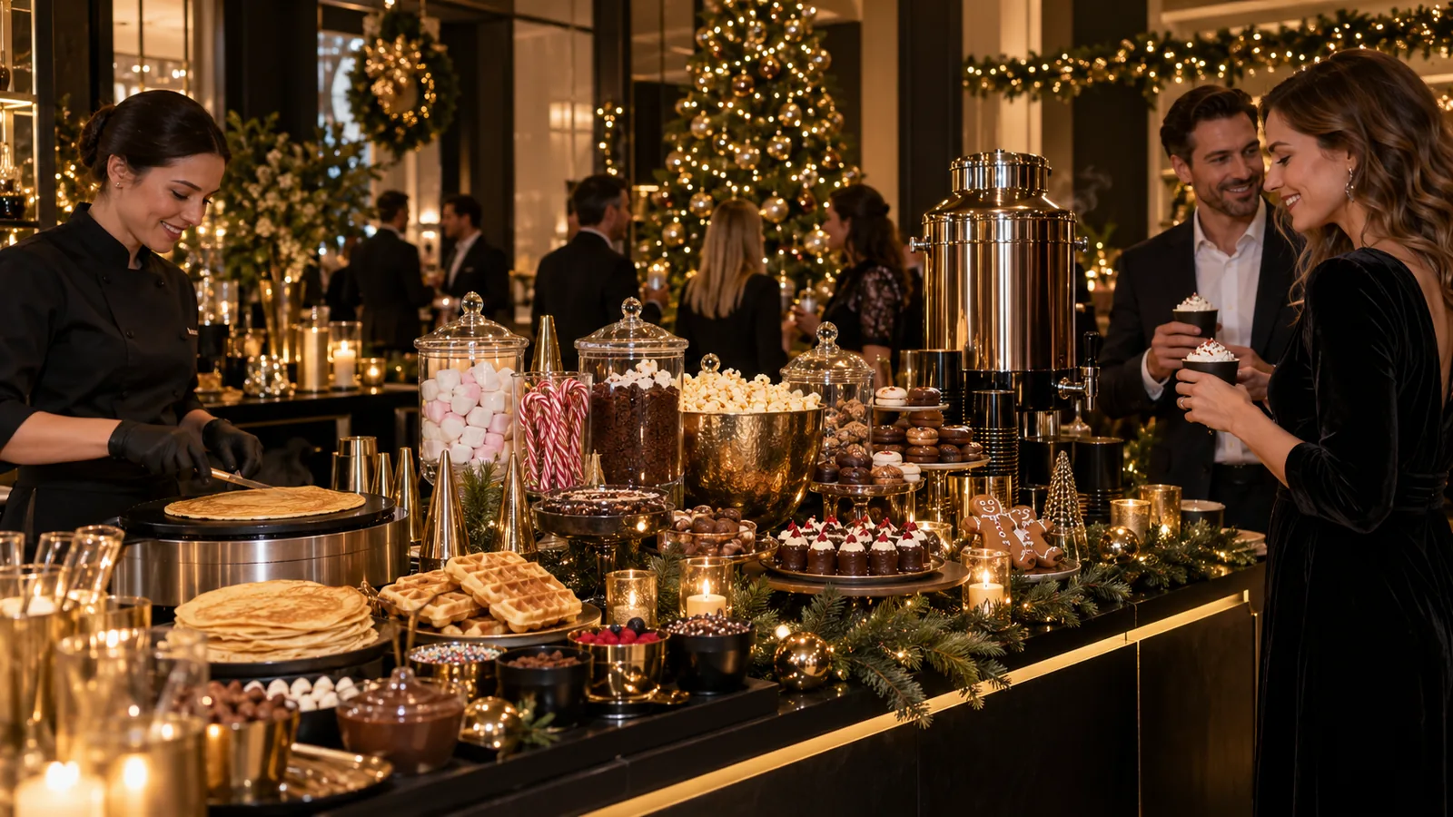 Animations gourmandes de Noël en entreprise avec crêpes, gaufres, chocolat chaud et douceurs festives