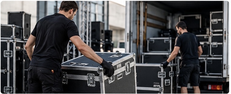 Techniciens manipulant des flightcases pour l'installation d'une soirée d'entreprise à Paris