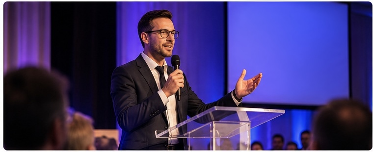 Prise de parole avec micro lors d'un séminaire d'entreprise à Paris