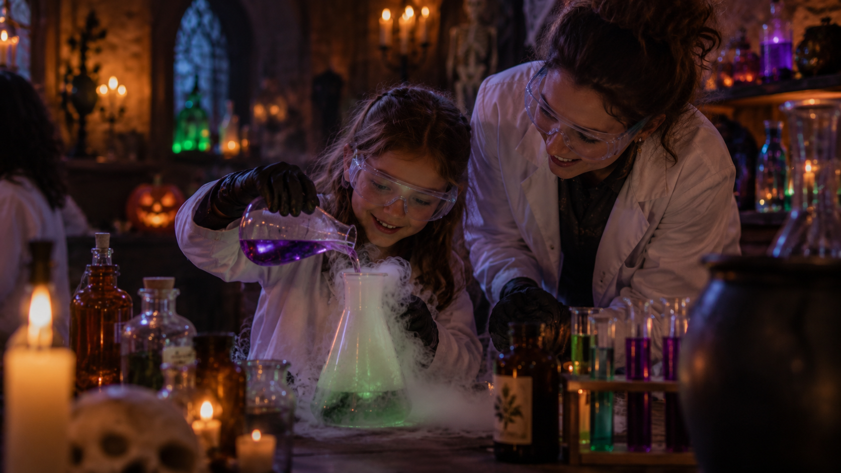 Enfant accompagnée par une animatrice lors d'une expérience du Savant Fou Halloween à Paris