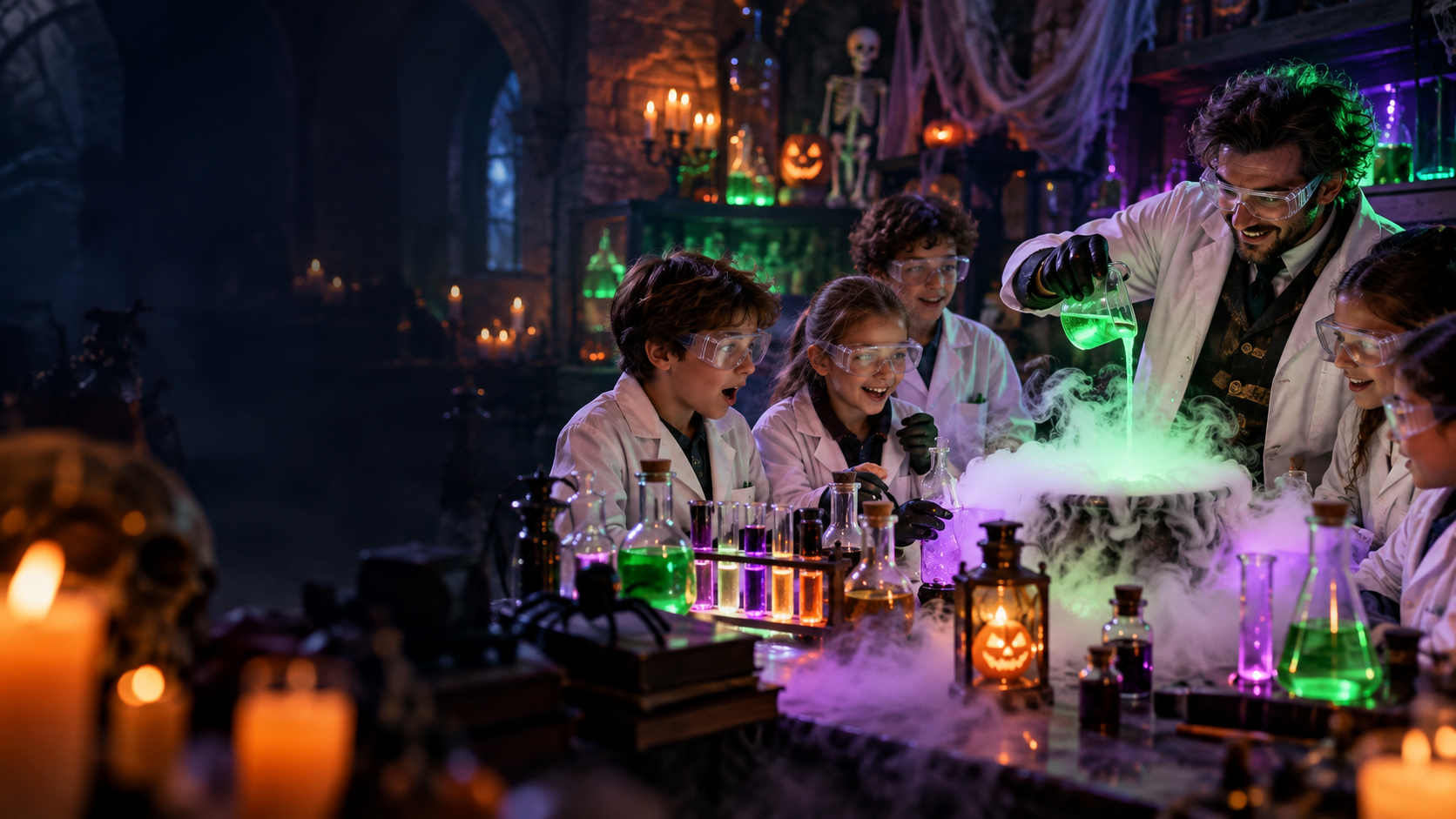Laboratoire du Savant Fou Halloween avec enfants en blouses blanches, lunettes et potions lumineuses