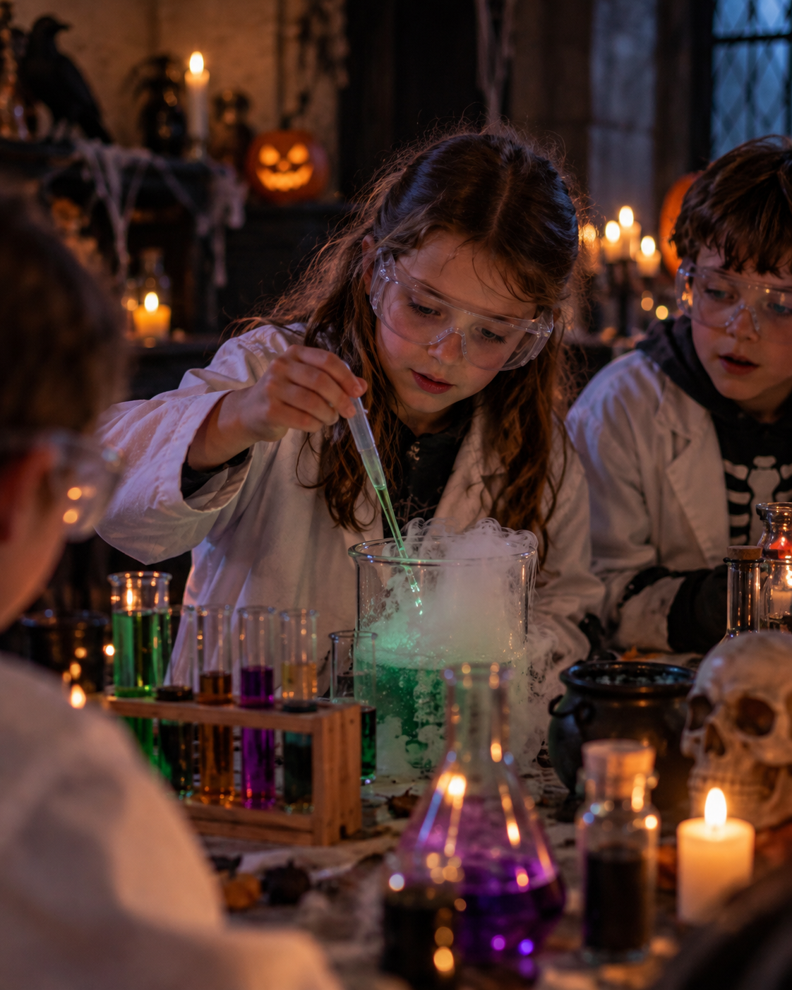 Enfant réalisant une expérience de potion au Laboratoire du Savant Fou Halloween à Paris