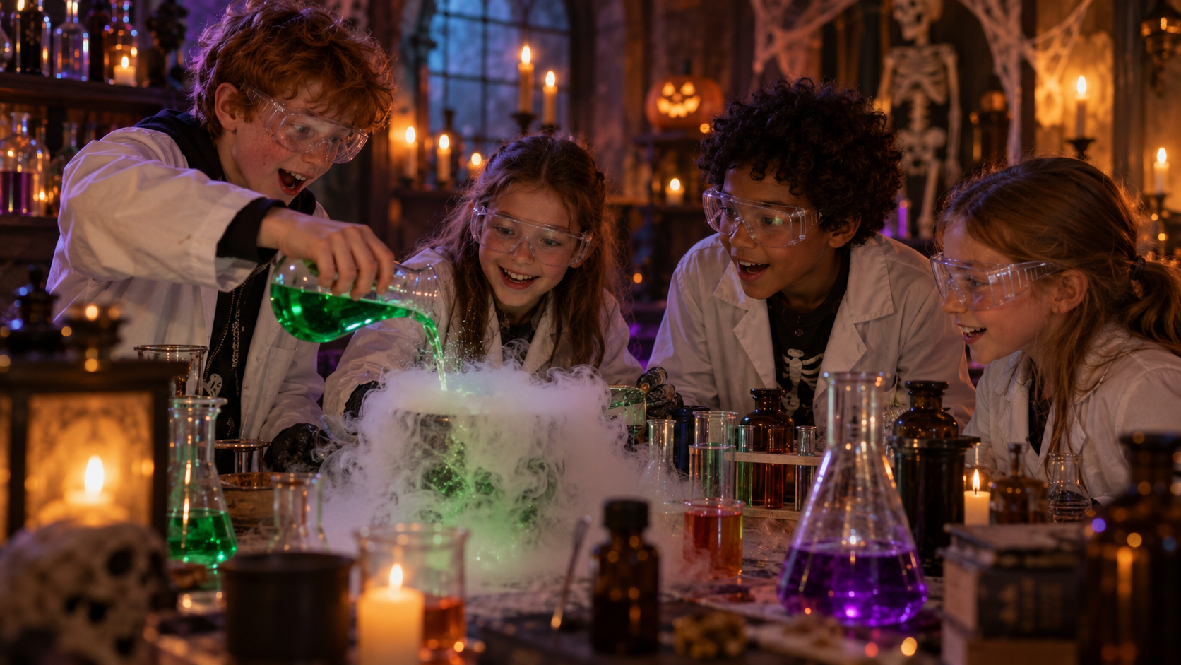Groupe d'enfants participant à une expérience du Savant Fou Halloween à Paris