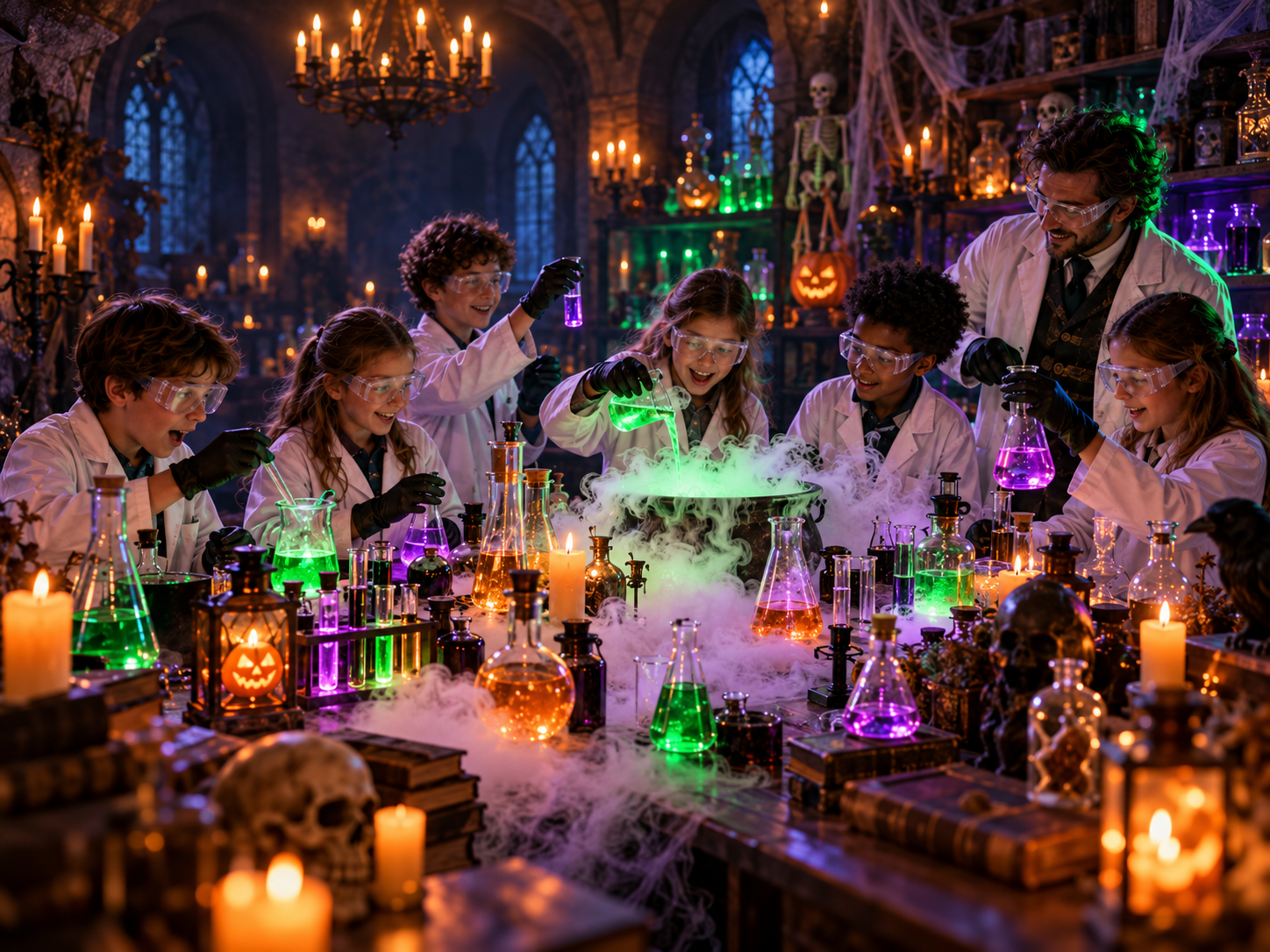 Groupe d'enfants et animateur autour d'expériences colorées dans un laboratoire du Savant Fou Halloween à Paris