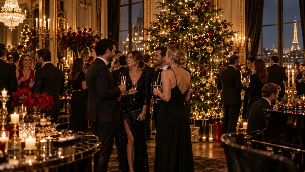 Soirée de Noël en entreprise à Paris avec collaborateurs et grand sapin illuminé