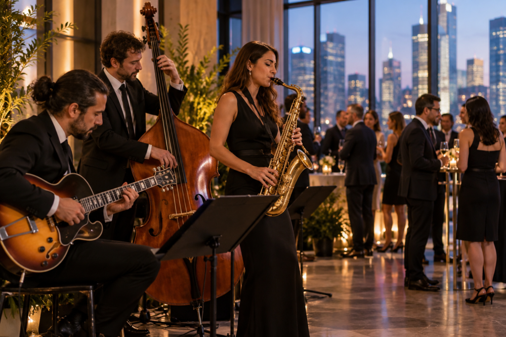 Ambiance de cocktail élégant avec musiciens et invités
