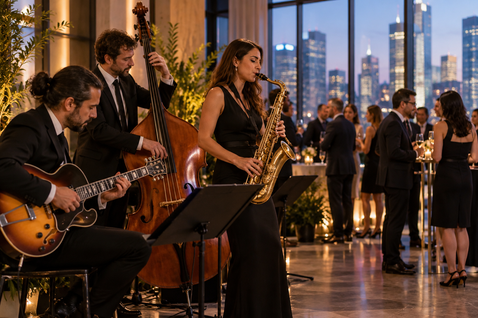 Musiciens live pendant le cocktail d'une soirée d'entreprise à Paris